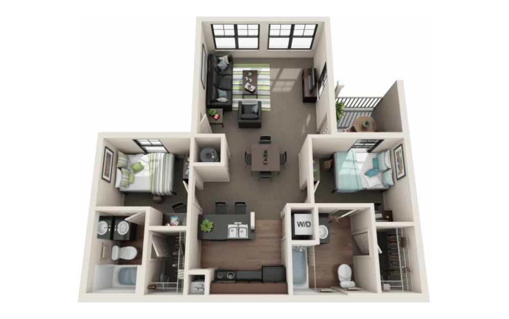 2BR/2BA - Large - 2 bedroom floorplan layout with 2 bathrooms and 877 square feet