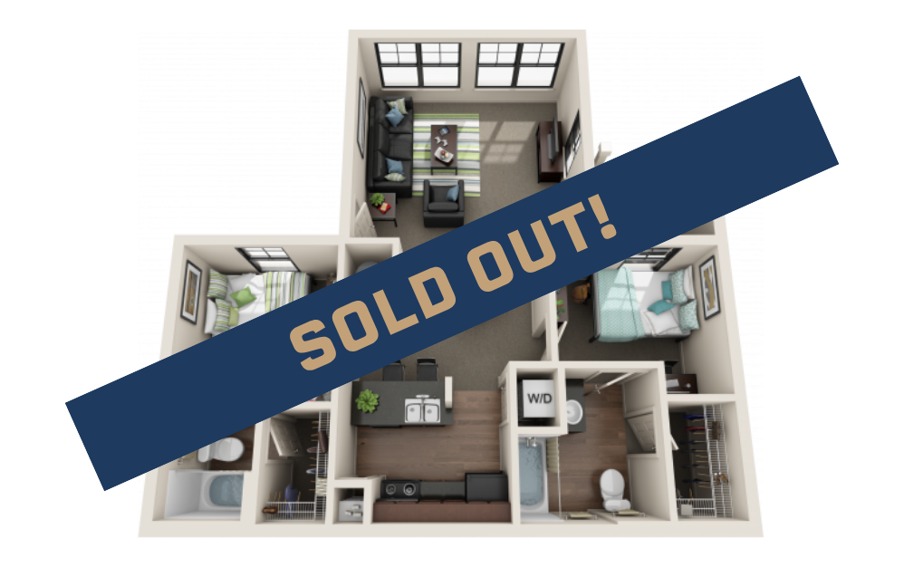 2BR/2BA - Large - 2 bedroom floorplan layout with 2 bathrooms and 877 square feet