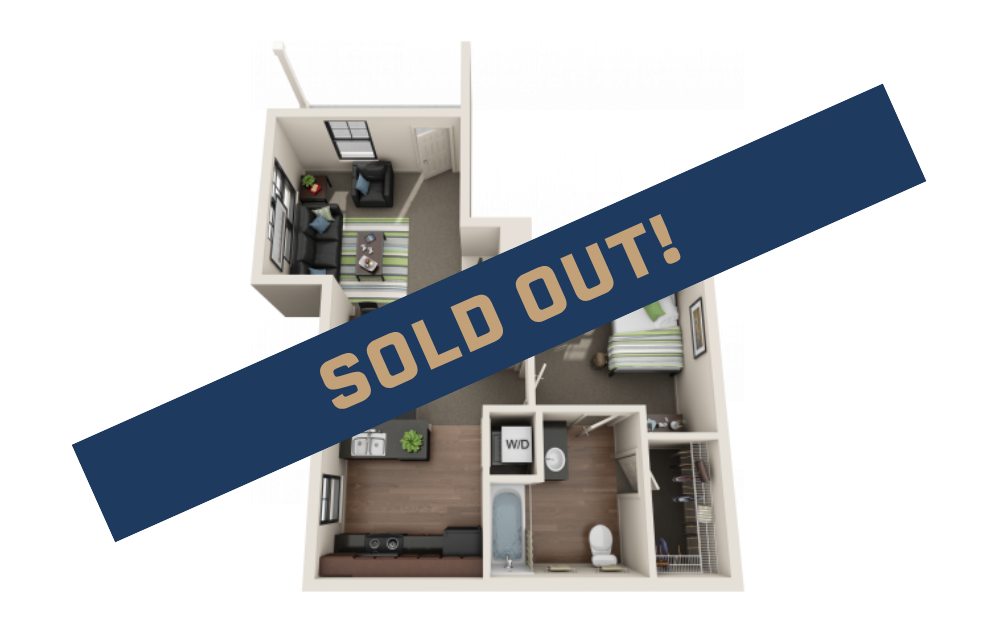 1BR/1BA - Large - 1 bedroom floorplan layout with 1 bathroom and 646 square feet
