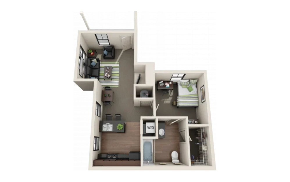 1 BR/1BA - Standard - 1 bedroom floorplan layout with 1 bathroom and 588 square feet