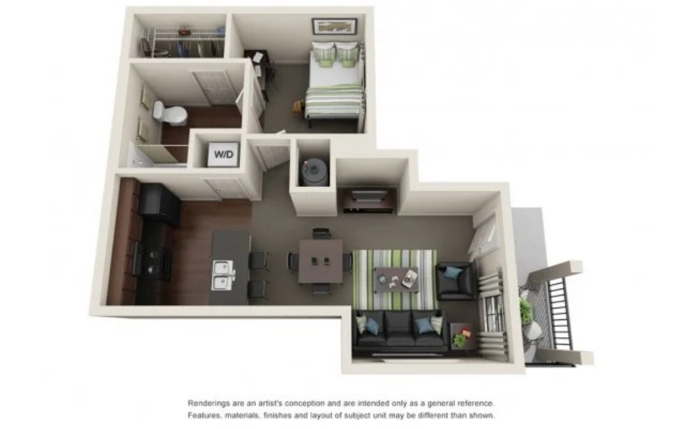 1BR/1BA - Flat - 1 bedroom floorplan layout with 1 bathroom and 604 square feet