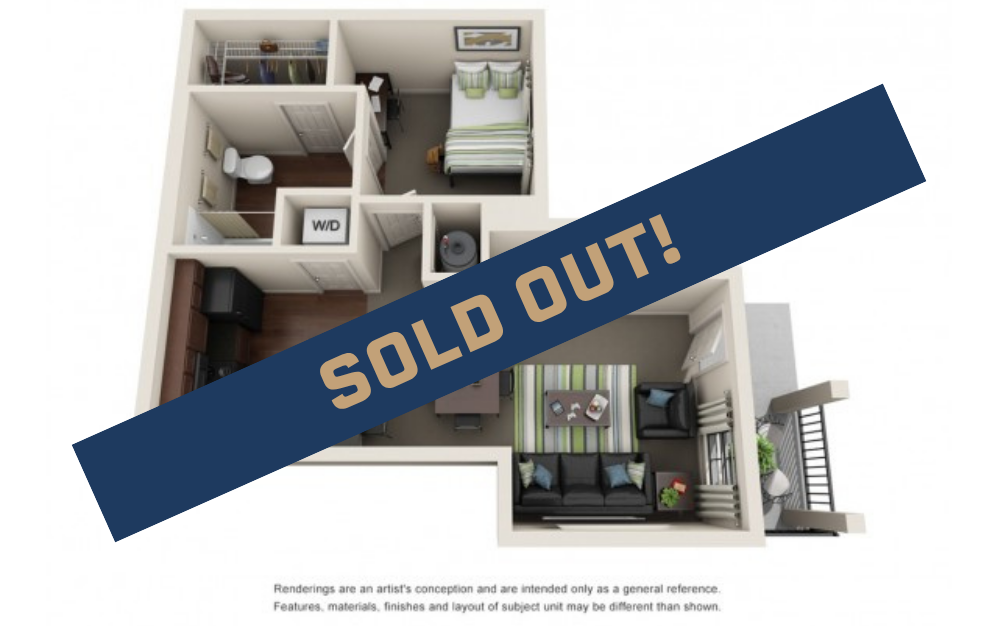 1BR/1BA - Flat - 1 bedroom floorplan layout with 1 bathroom and 604 square feet